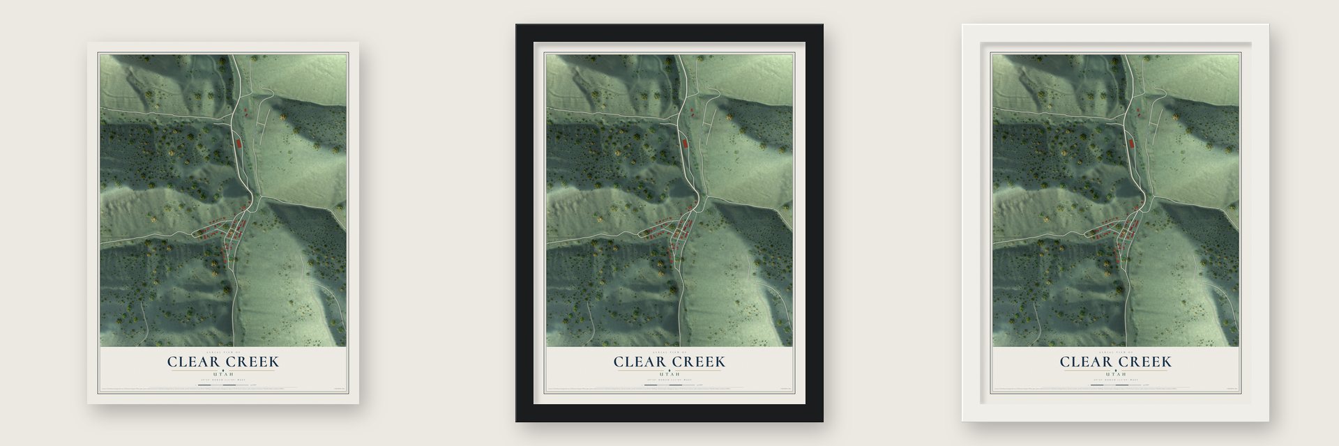 Clear Creek, Utah map unframed, in a black wood frame and in a white wood frame
