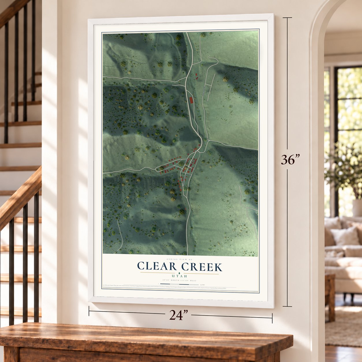 Clear Creek, Utah map, 24 x 36 inch print in a white frame by a staircase