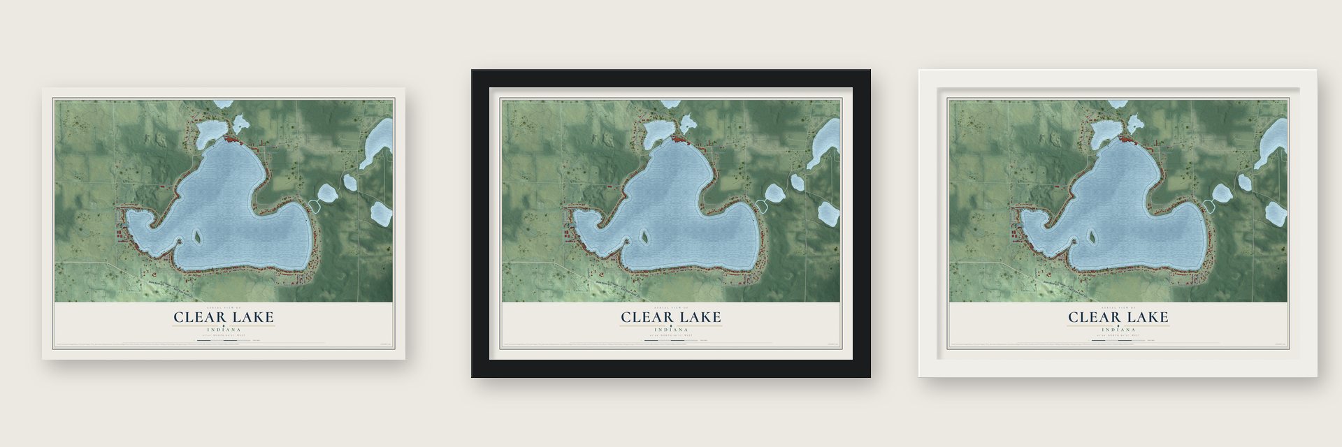 Clear Lake, Indiana map unframed, in a black wood frame and in a white wood frame