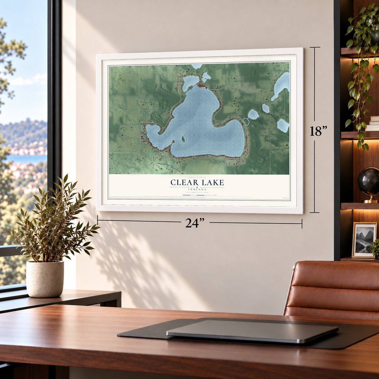 Clear Lake, Indiana map, 18 x 24 inch print in a white frame in a home office
