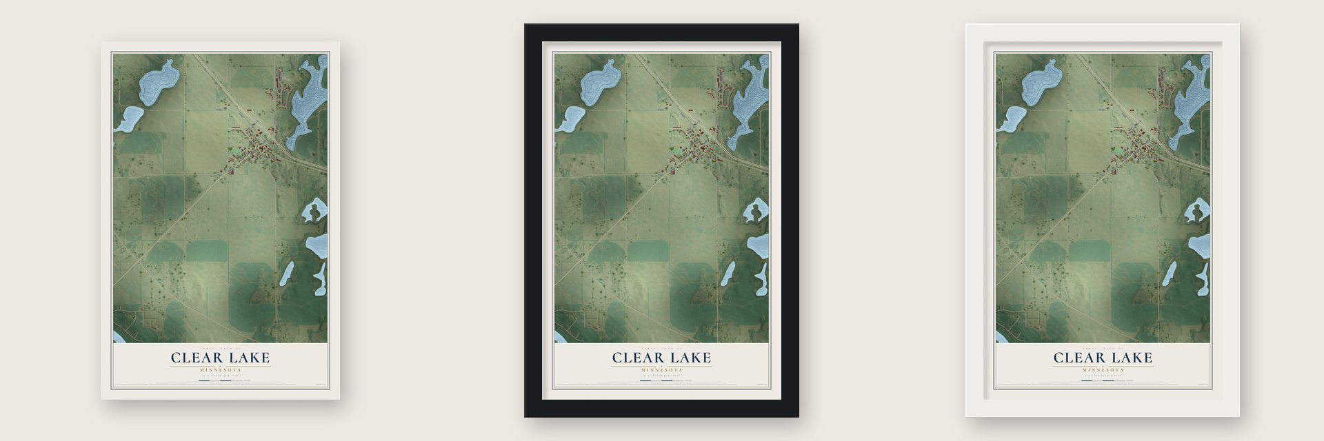Clear Lake, Minnesota map unframed, in a black wood frame and in a white wood frame