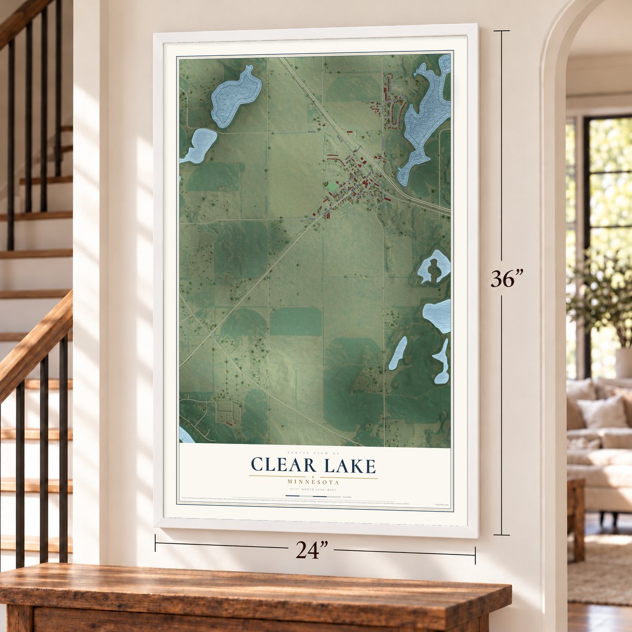 Clear Lake, Minnesota map, 24 x 36 inch print in a white frame by a staircase