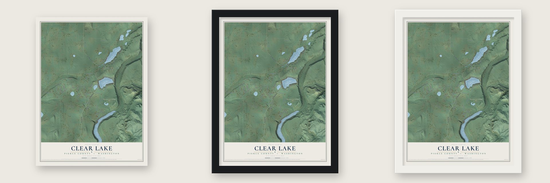 Clear Lake, Pierce County, Washington map unframed, in a black wood frame and in a white wood frame