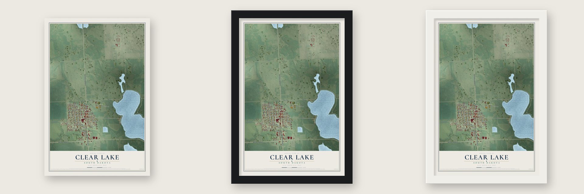Clear Lake, South Dakota map unframed, in a black wood frame and in a white wood frame