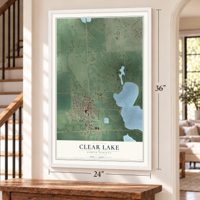 Clear Lake, South Dakota map, 24 x 36 inch print in a white frame by a staircase
