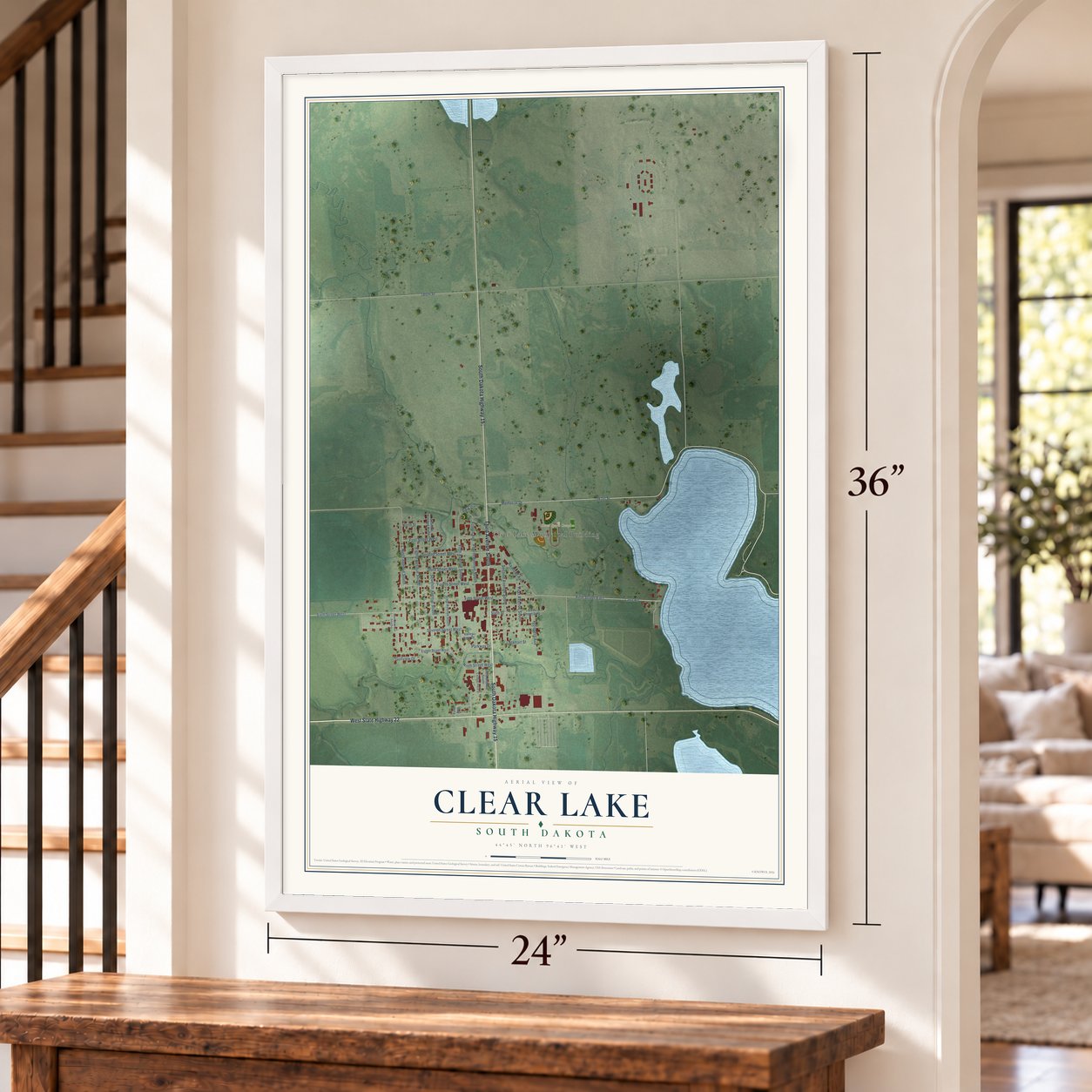 Clear Lake, South Dakota map, 24 x 36 inch print in a white frame by a staircase