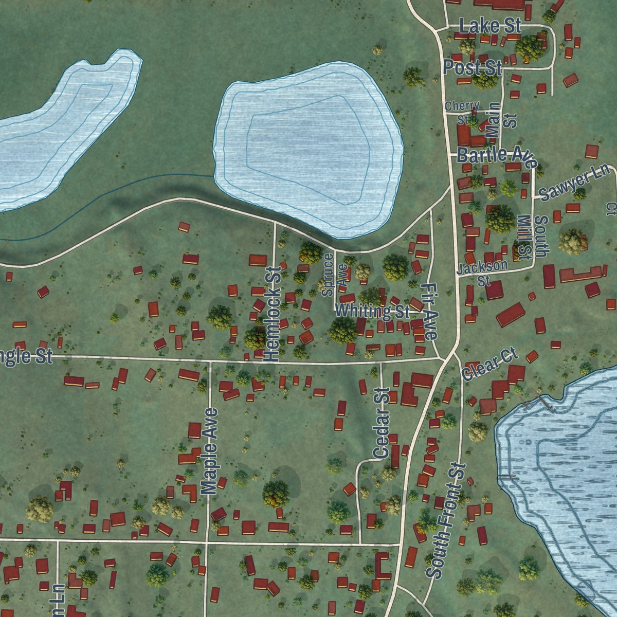 Second close-up of the map of Clear Lake, Washington print showing more streets and buildings