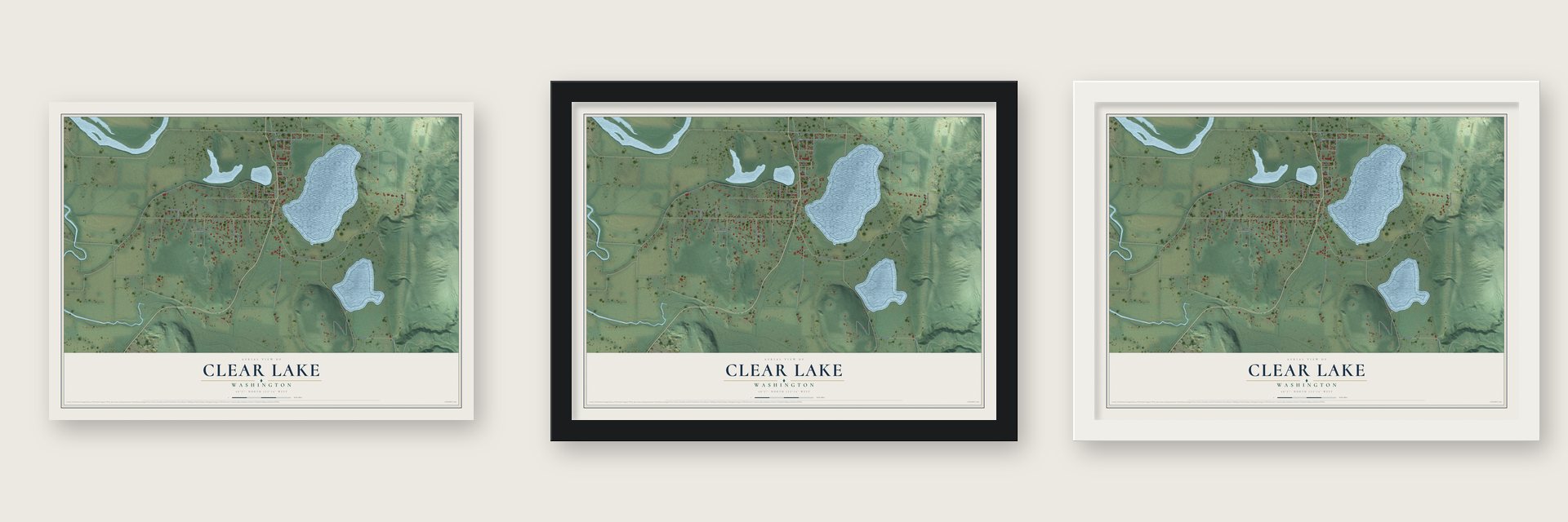 Clear Lake, Washington map unframed, in a black wood frame and in a white wood frame