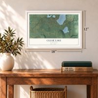 Clear Lake, Washington map, 12 x 18 inch print in a white frame in an entryway