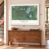 Clear Lake, Washington map, 24 x 36 inch print in a white frame above a dresser by a staircase