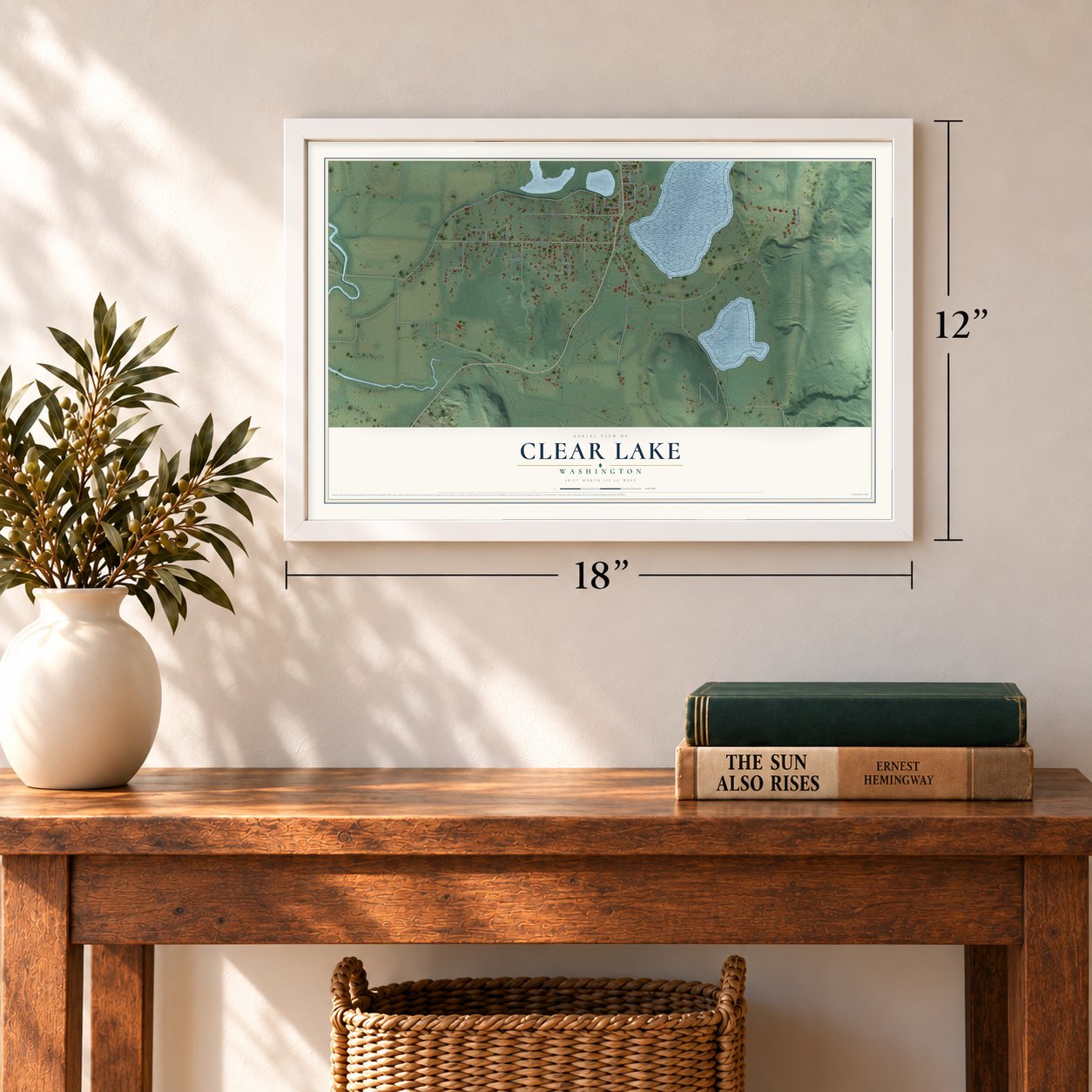 Clear Lake, Washington map, 12 x 18 inch print in a white frame in an entryway