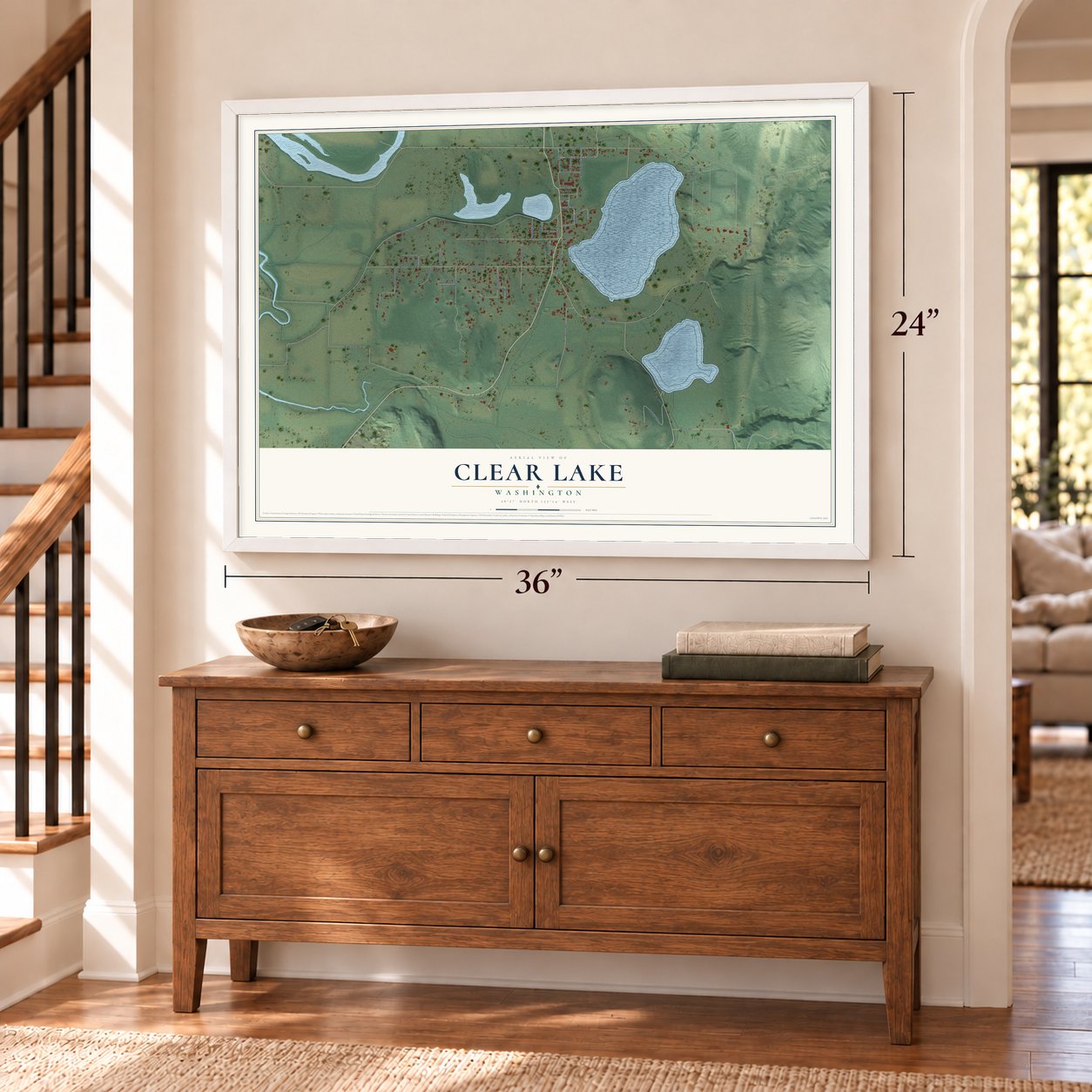 Clear Lake, Washington map, 24 x 36 inch print in a white frame above a dresser by a staircase