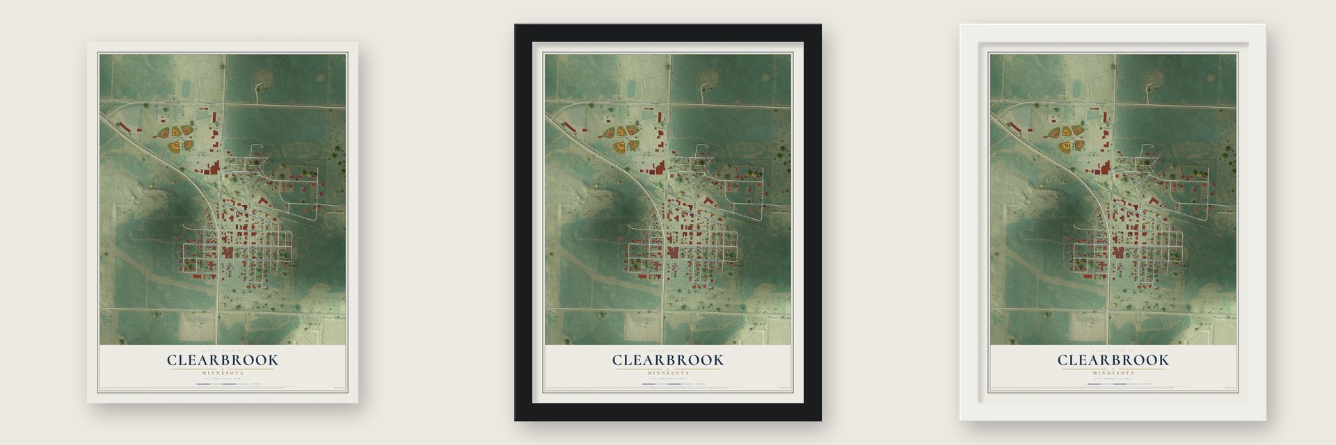 Clearbrook, Minnesota map unframed, in a black wood frame and in a white wood frame