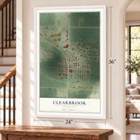Clearbrook, Minnesota map, 24 x 36 inch print in a white frame by a staircase