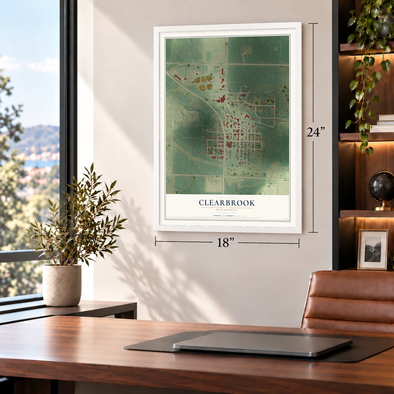 Clearbrook, Minnesota map, 18 x 24 inch print in a white frame in a home office
