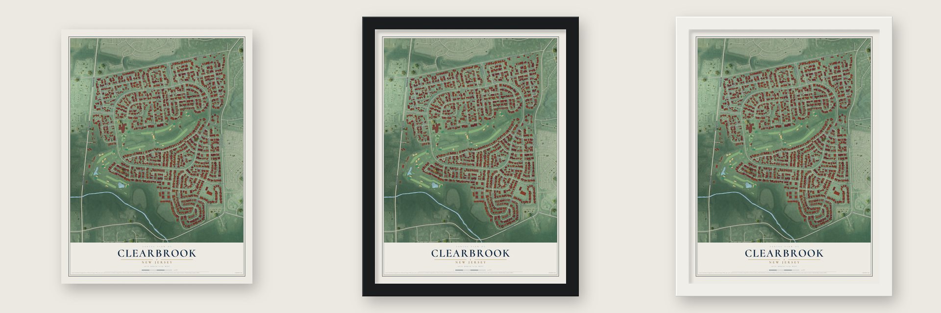 Clearbrook, New Jersey map unframed, in a black wood frame and in a white wood frame
