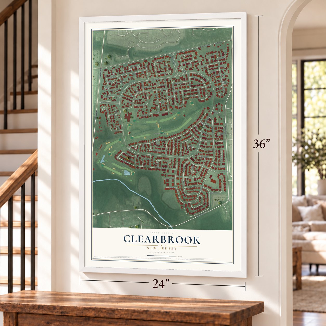 Clearbrook, New Jersey map, 24 x 36 inch print in a white frame by a staircase