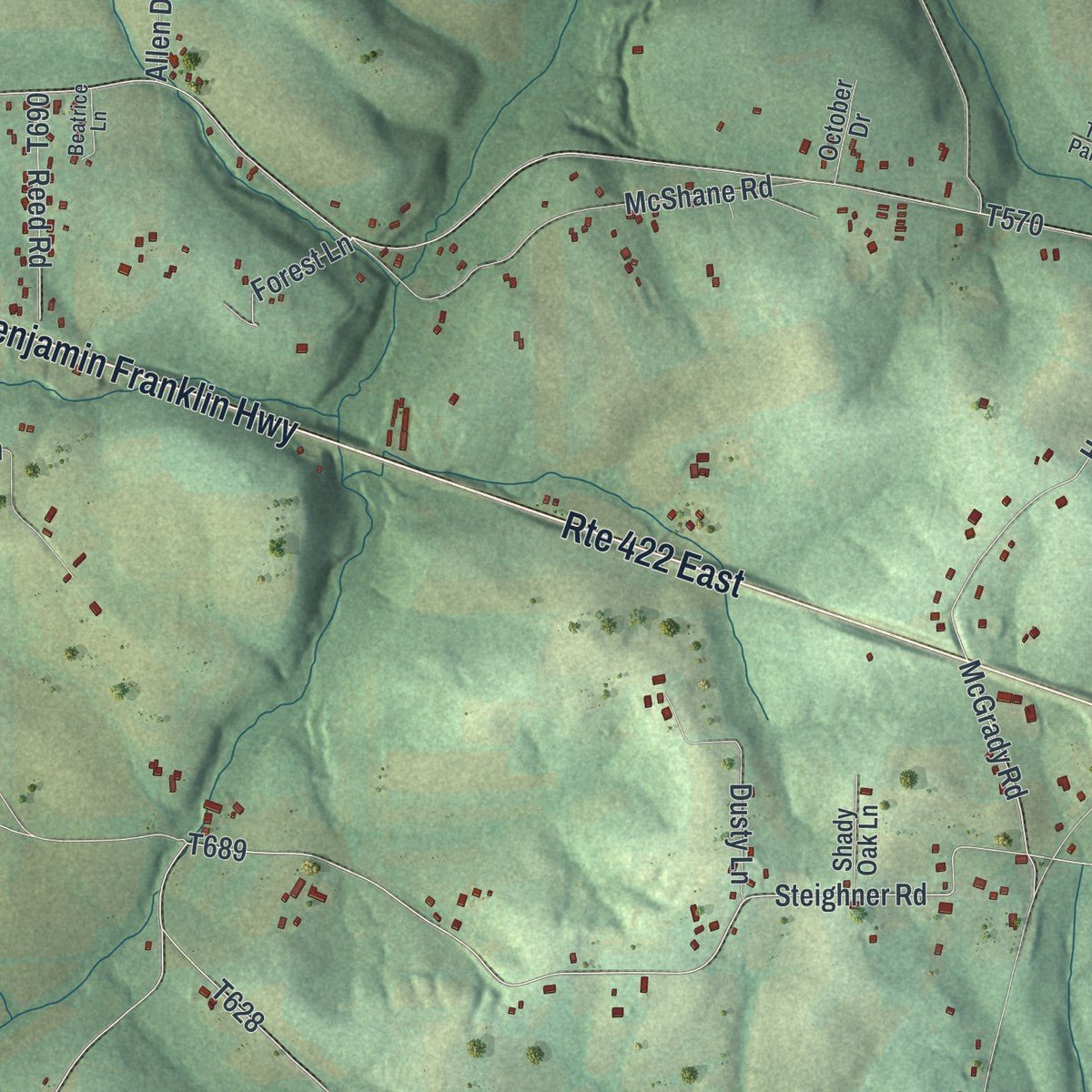 Second close-up of the map of Clearfield, Butler County, Pennsylvania print showing more streets and buildings