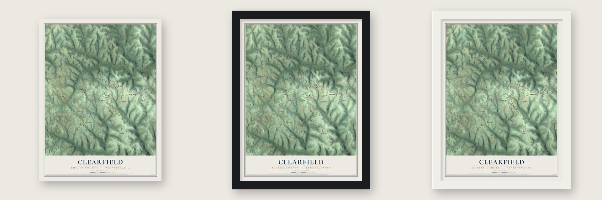 Clearfield, Butler County, Pennsylvania map unframed, in a black wood frame and in a white wood frame