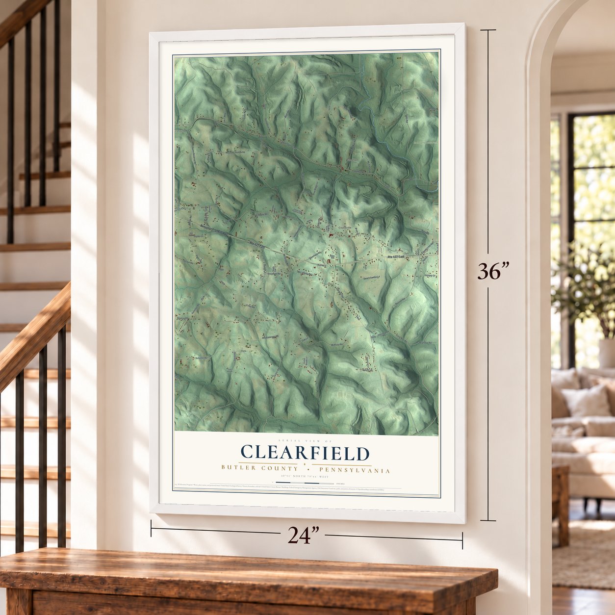 Clearfield, Butler County, Pennsylvania map, 24 x 36 inch print in a white frame by a staircase