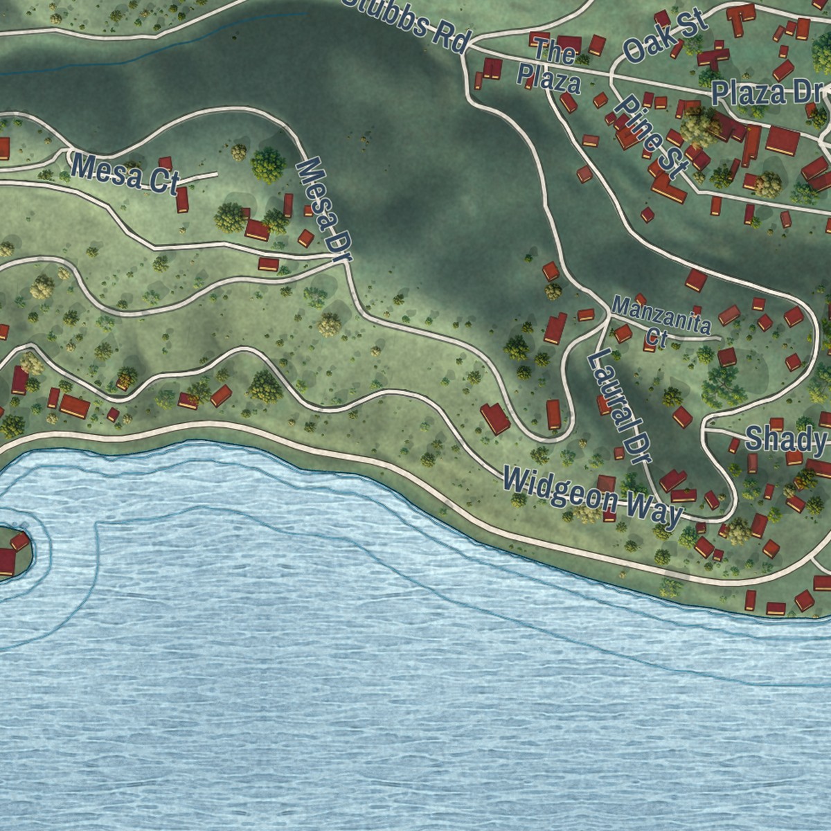 Second close-up of the map of Clearlake Oaks, California print showing more streets and buildings