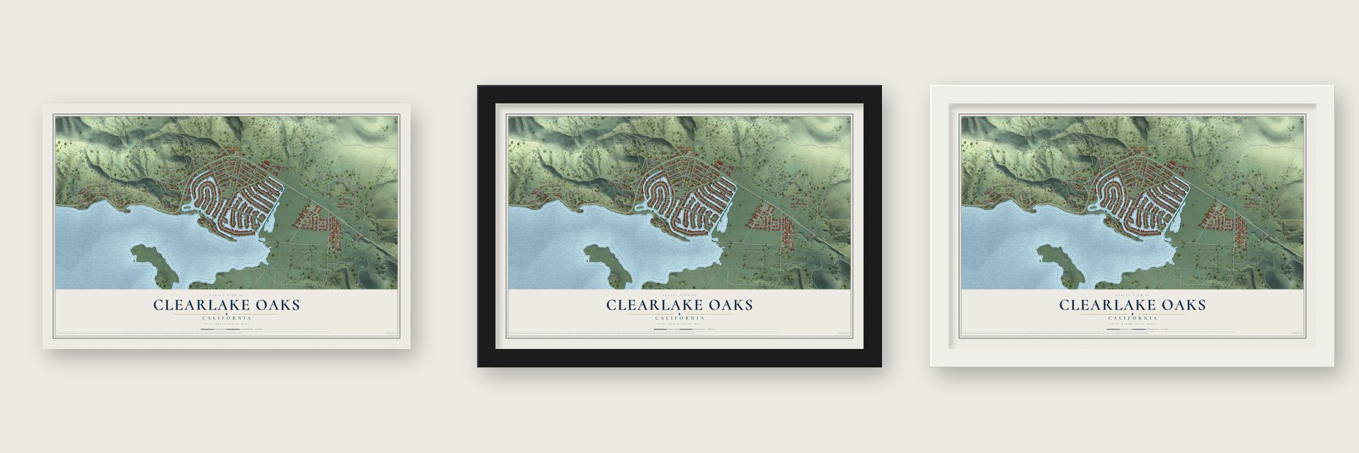 Clearlake Oaks, California map unframed, in a black wood frame and in a white wood frame