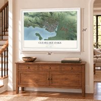 Clearlake Oaks, California map, 24 x 36 inch print in a white frame above a dresser by a staircase