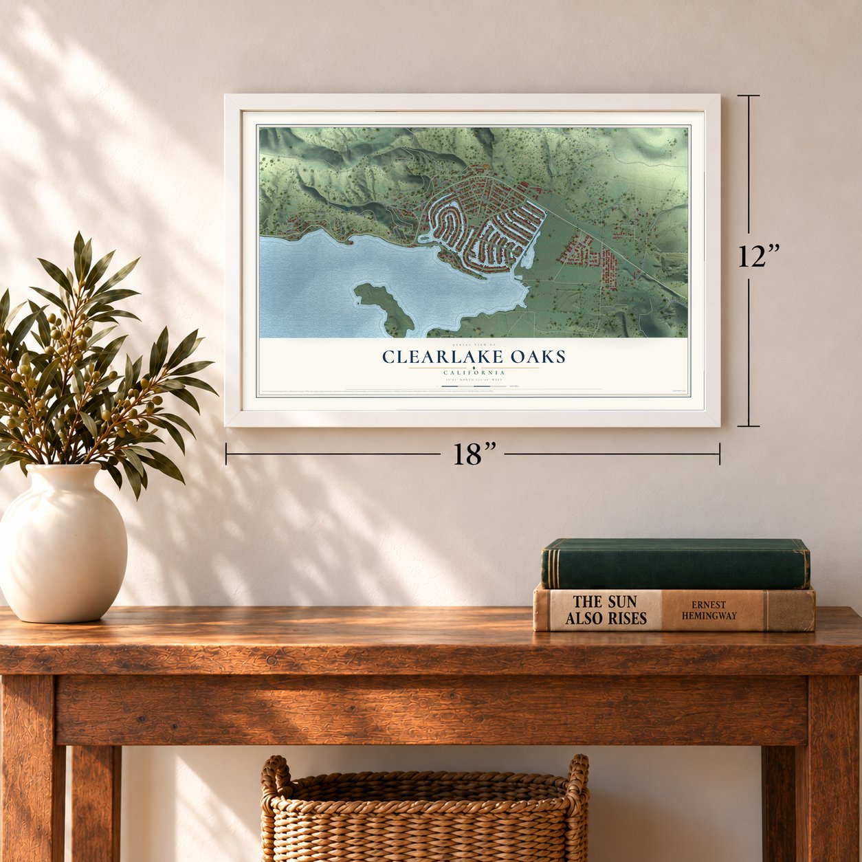Clearlake Oaks, California map, 12 x 18 inch print in a white frame in an entryway