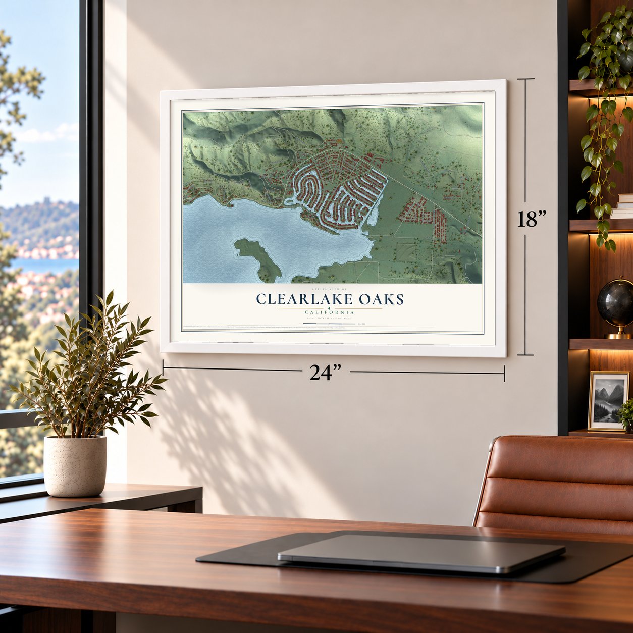 Clearlake Oaks, California map, 18 x 24 inch print in a white frame in a home office