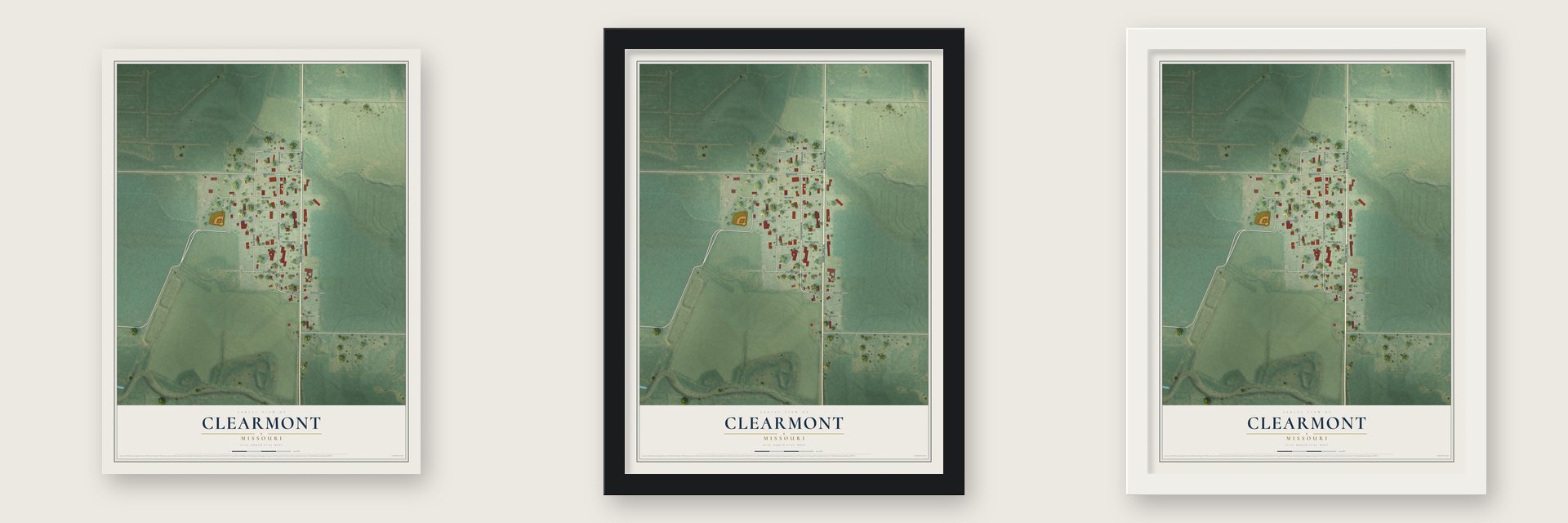 Clearmont, Missouri map unframed, in a black wood frame and in a white wood frame