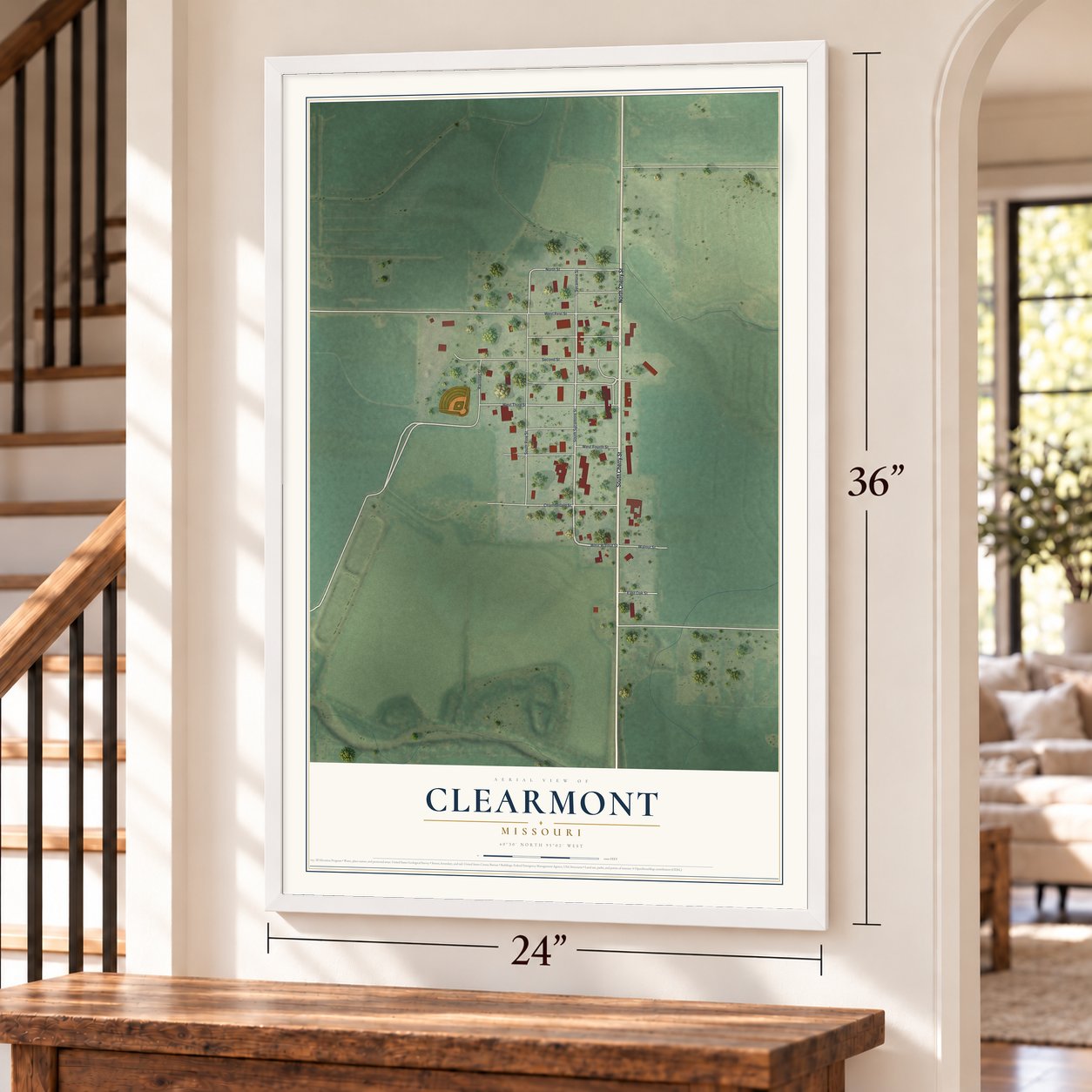 Clearmont, Missouri map, 24 x 36 inch print in a white frame by a staircase
