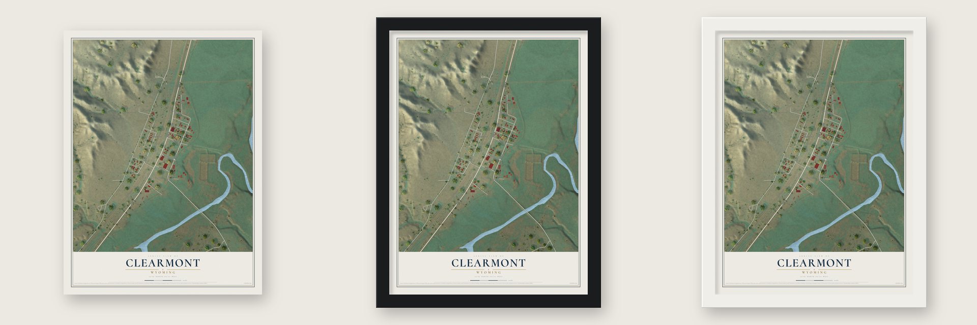Clearmont, Wyoming map unframed, in a black wood frame and in a white wood frame