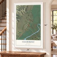 Clearmont, Wyoming map, 24 x 36 inch print in a white frame by a staircase