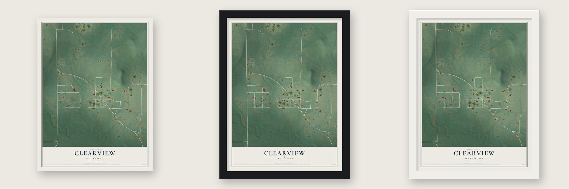 Clearview, Oklahoma map unframed, in a black wood frame and in a white wood frame