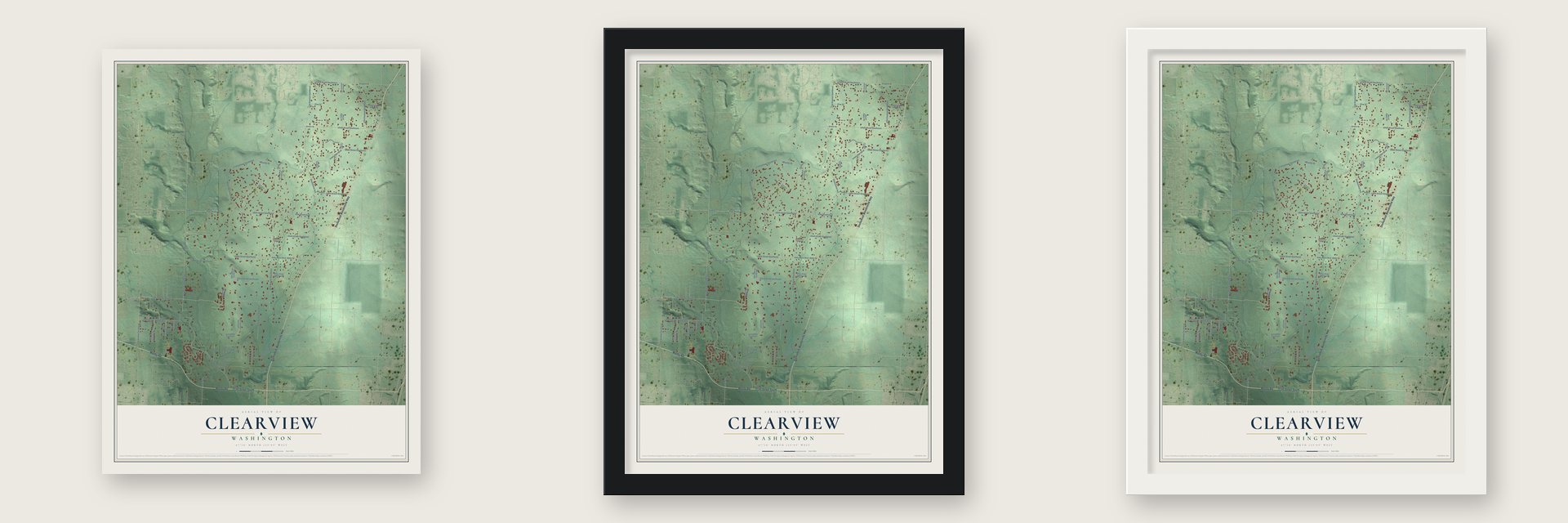 Clearview, Washington map unframed, in a black wood frame and in a white wood frame