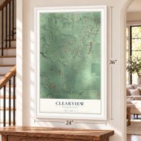 Clearview, Washington map, 24 x 36 inch print in a white frame by a staircase