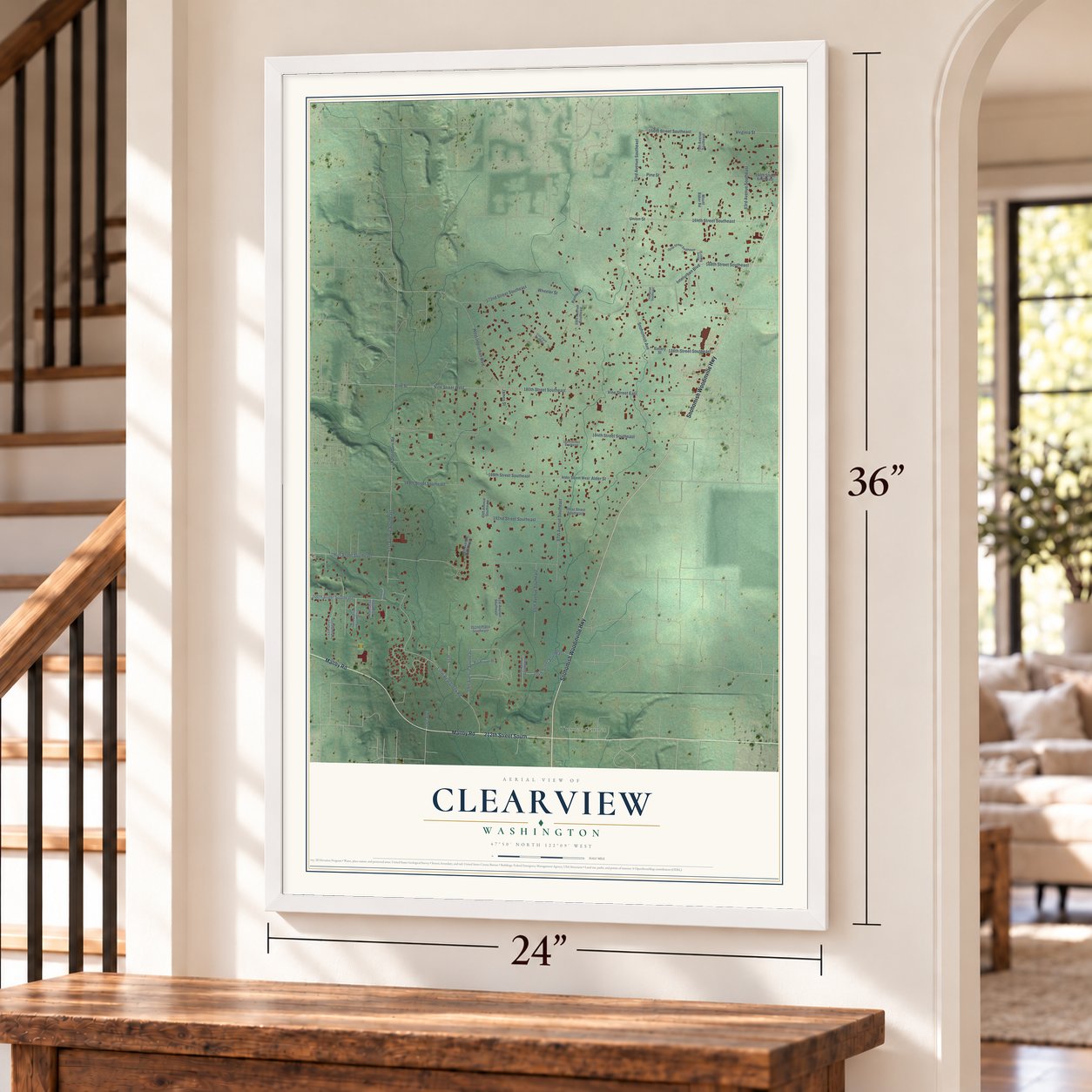 Clearview, Washington map, 24 x 36 inch print in a white frame by a staircase