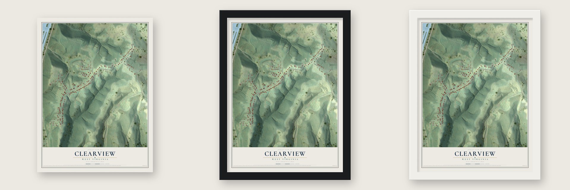 Clearview, West Virginia map unframed, in a black wood frame and in a white wood frame