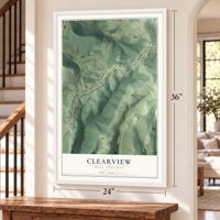 Clearview, West Virginia map, 24 x 36 inch print in a white frame by a staircase