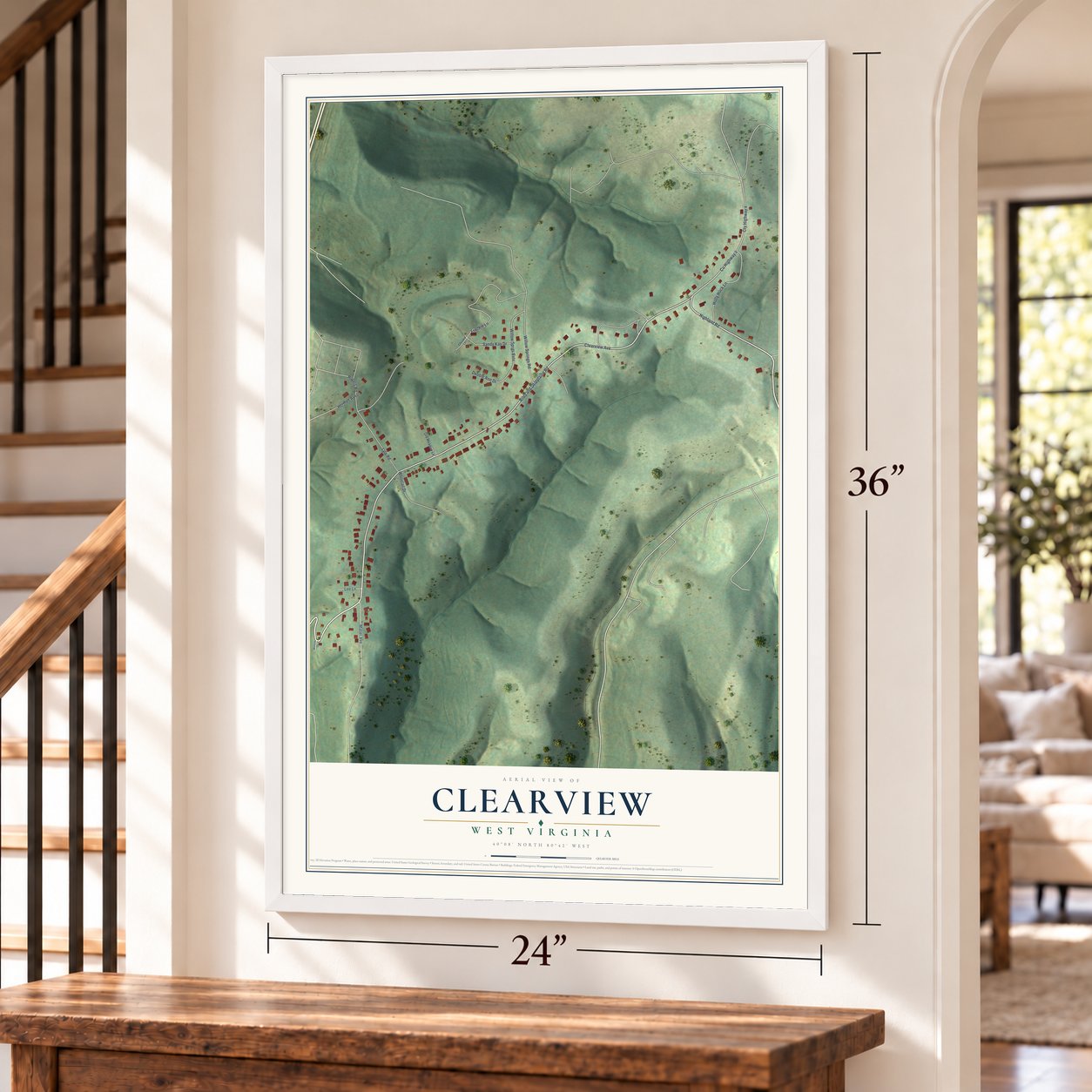 Clearview, West Virginia map, 24 x 36 inch print in a white frame by a staircase