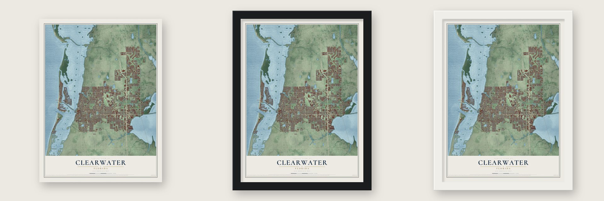 Clearwater, Florida map unframed, in a black wood frame and in a white wood frame