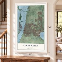 Clearwater, Florida map, 24 x 36 inch print in a white frame by a staircase