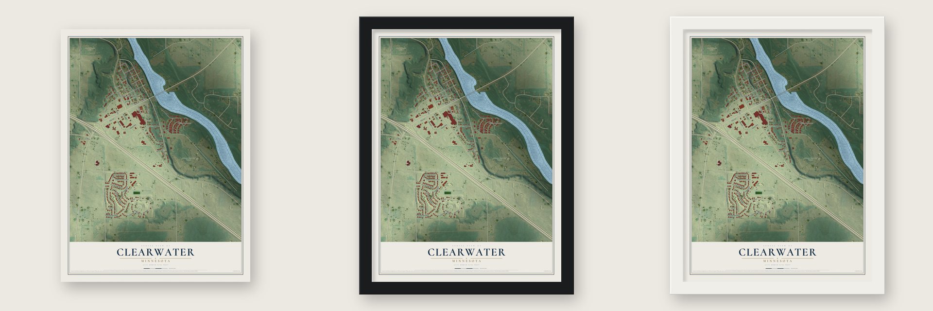 Clearwater, Minnesota map unframed, in a black wood frame and in a white wood frame