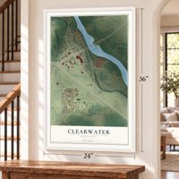 Clearwater, Minnesota map, 24 x 36 inch print in a white frame by a staircase