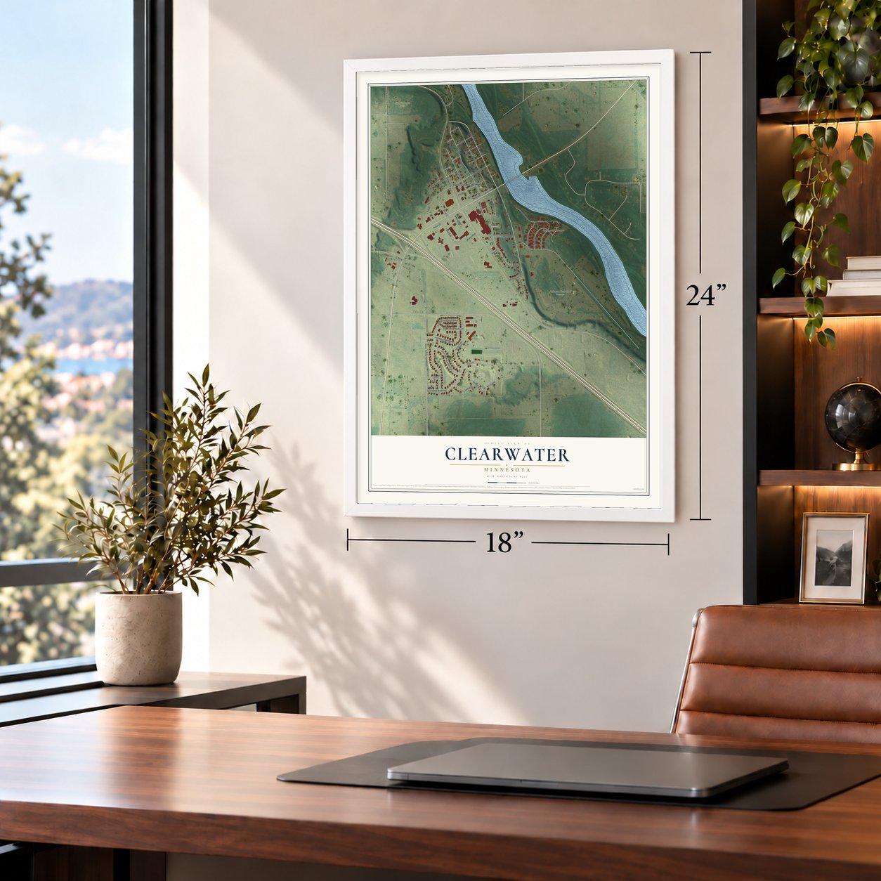 Clearwater, Minnesota map, 18 x 24 inch print in a white frame in a home office