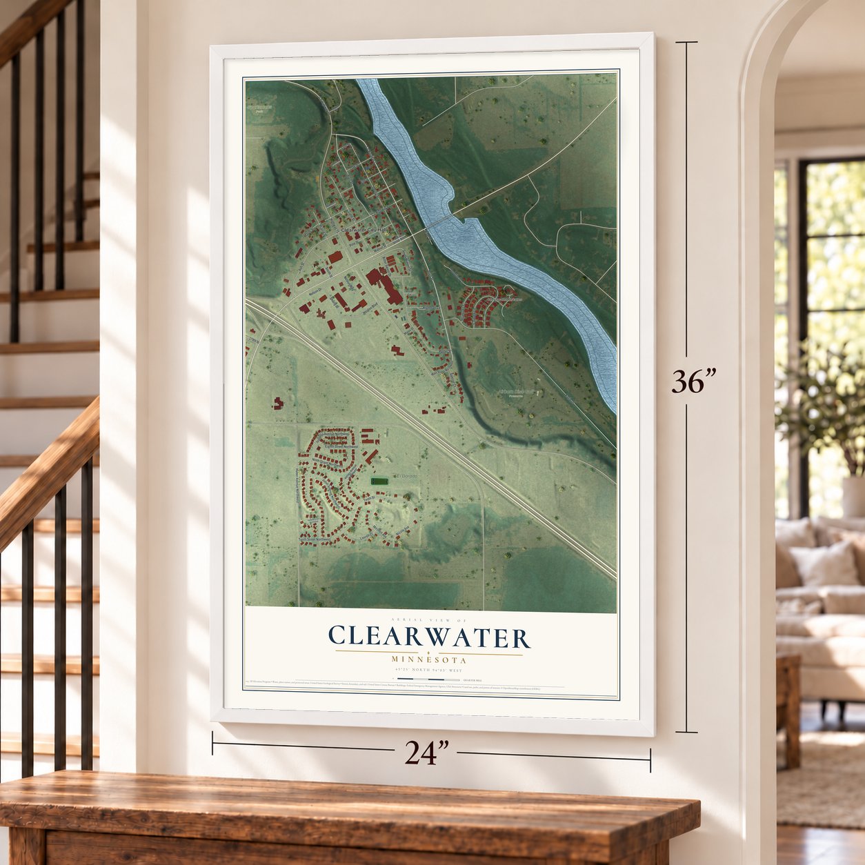 Clearwater, Minnesota map, 24 x 36 inch print in a white frame by a staircase