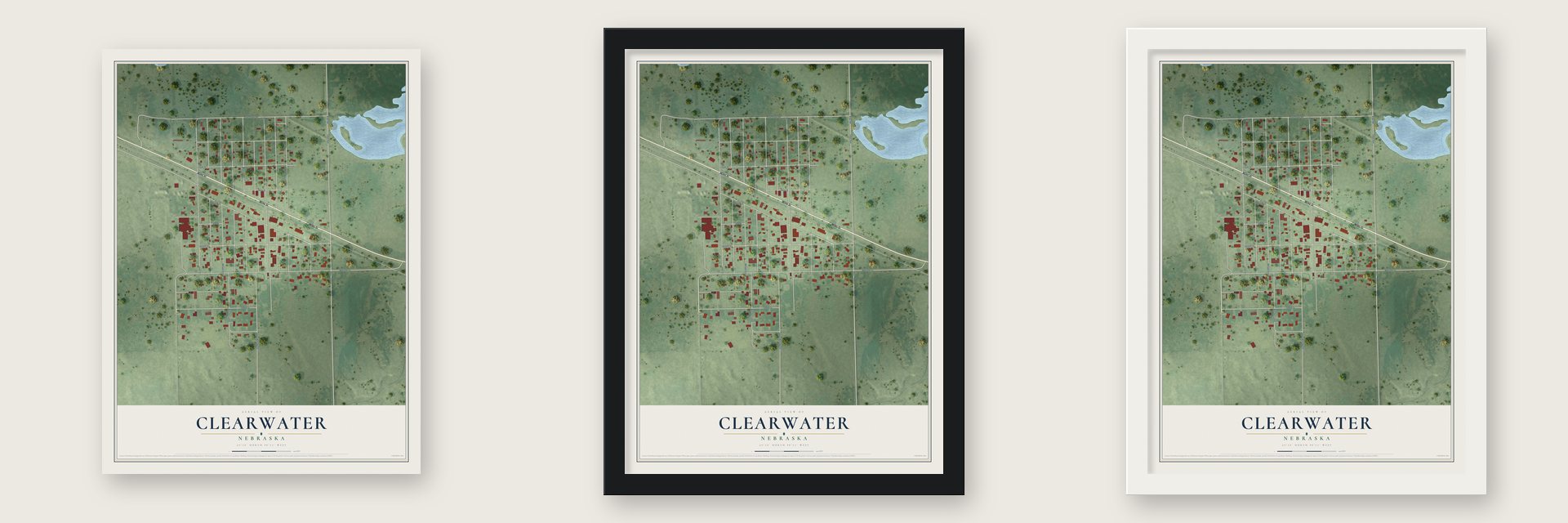 Clearwater, Nebraska map unframed, in a black wood frame and in a white wood frame