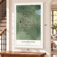 Clearwater, Nebraska map, 24 x 36 inch print in a white frame by a staircase