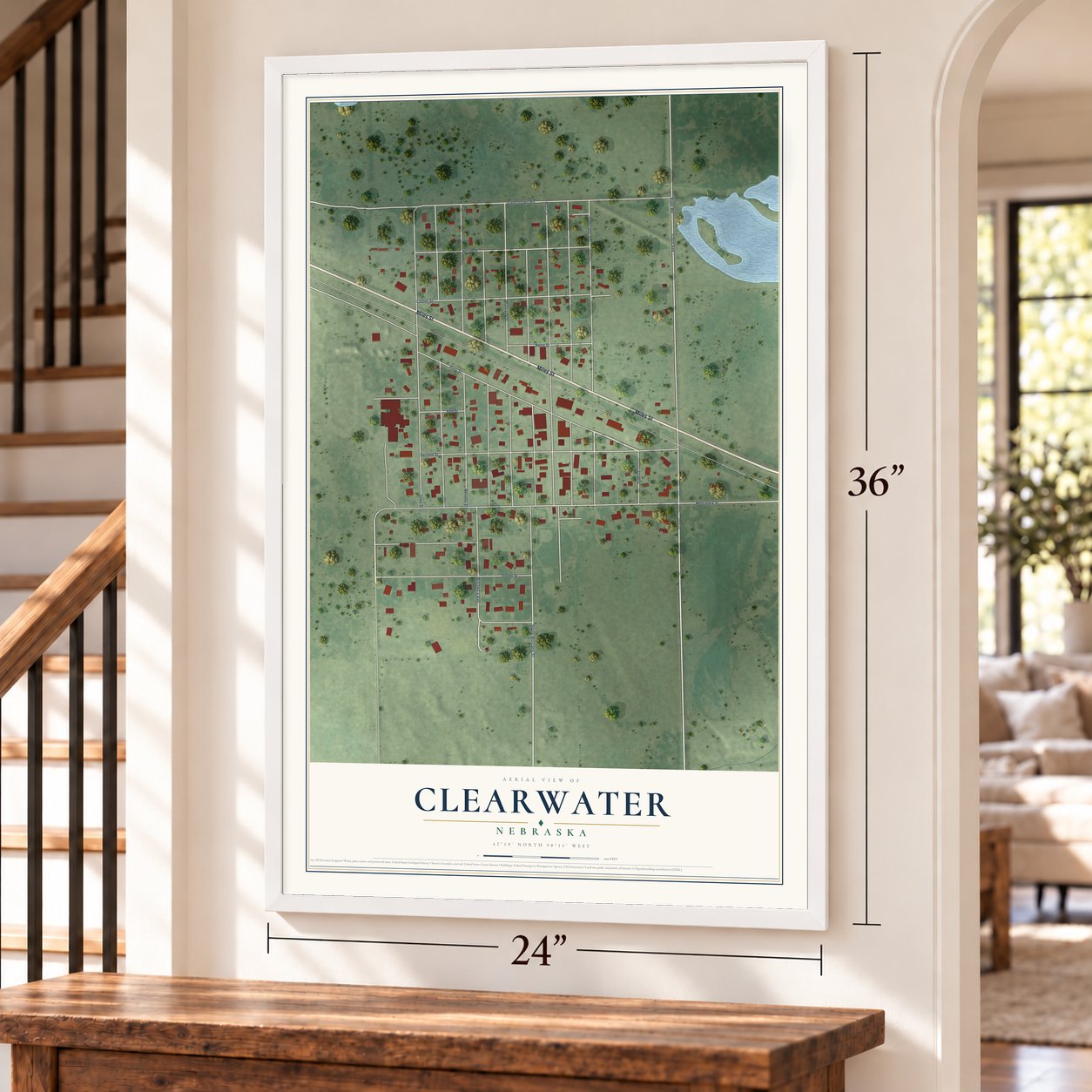 Clearwater, Nebraska map, 24 x 36 inch print in a white frame by a staircase