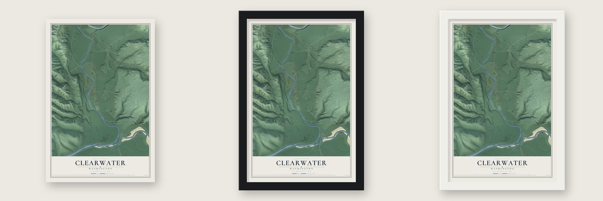 Clearwater, Washington map unframed, in a black wood frame and in a white wood frame